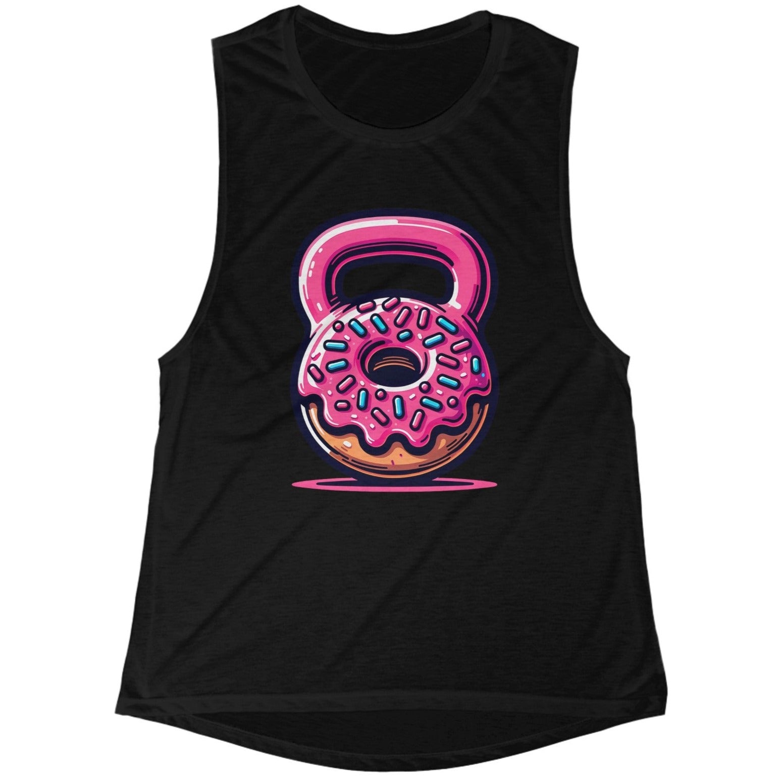 Women's Pink Icing Rainbow Sprinkles Glazed Donut Kettlebell Graphic Flowy Scoop Muscle Tank Top