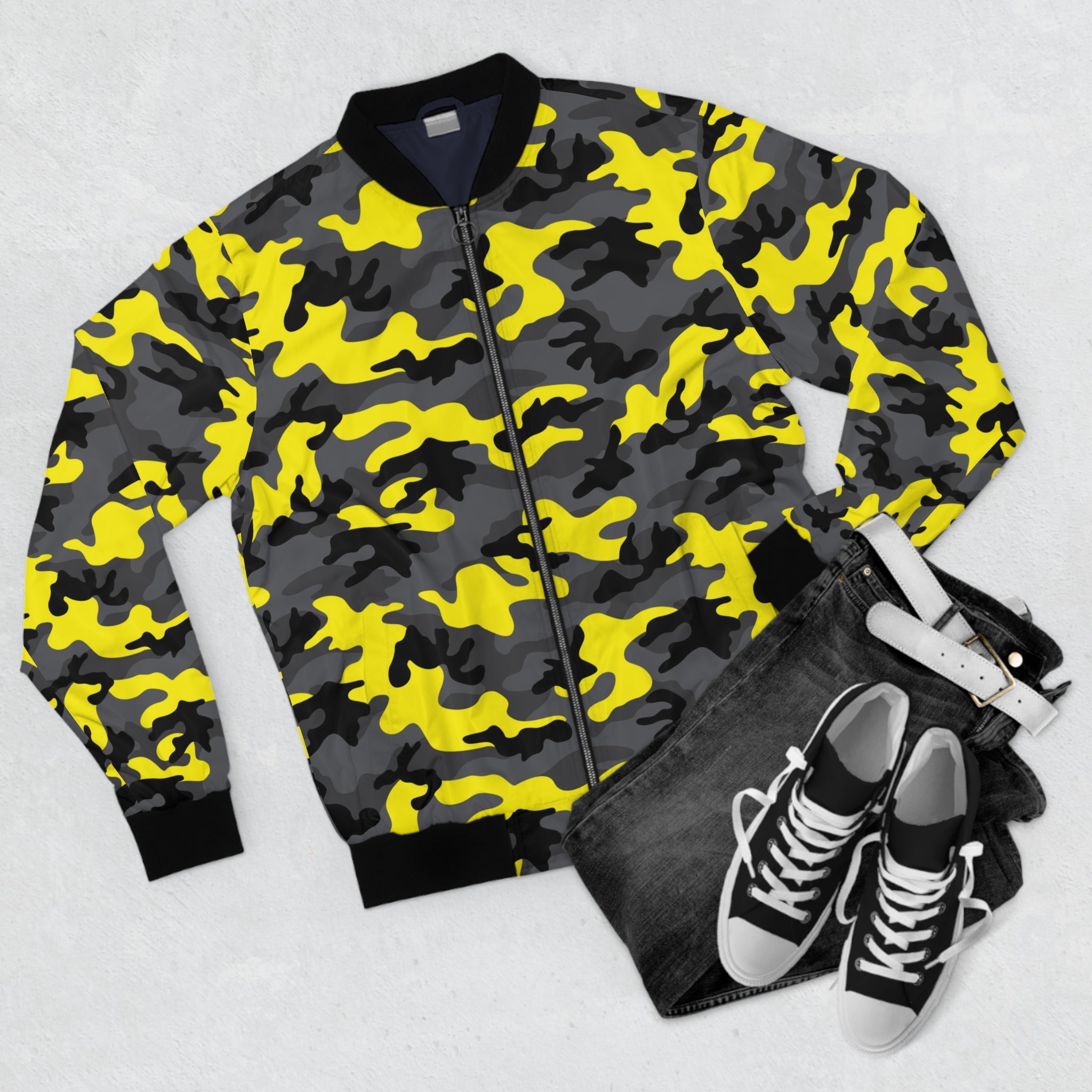 Men's Black Yellow Military Camouflage Fashion Bomber Jacket