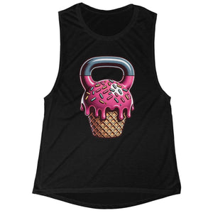 Women's Pink Strawberry Flavor Ice Cream Cone Kettlebell Flowy Scoop Muscle Tank Top