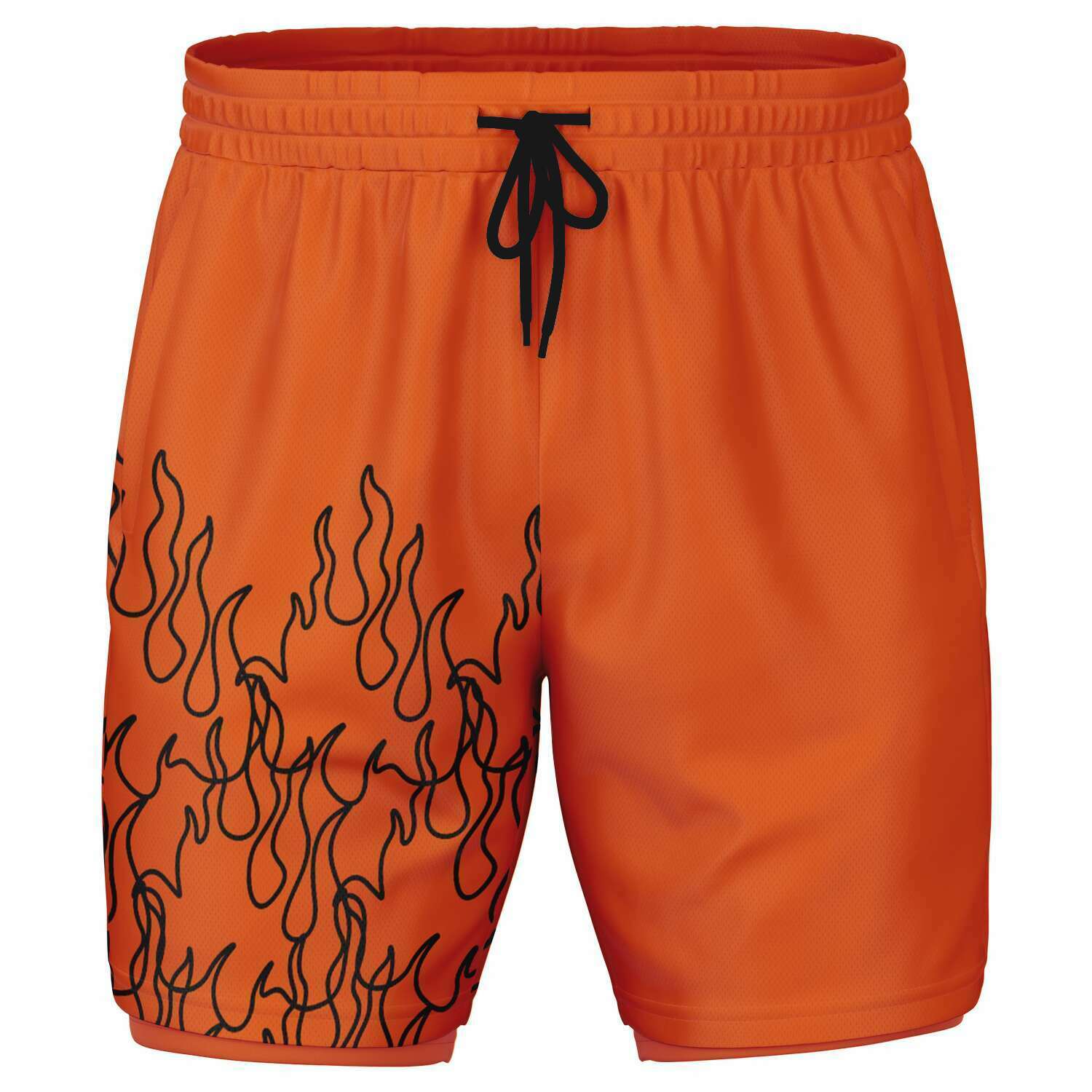 Men's 2-in-1 Orange Black Fire Flames Pinstripe Line Art Gym Shorts