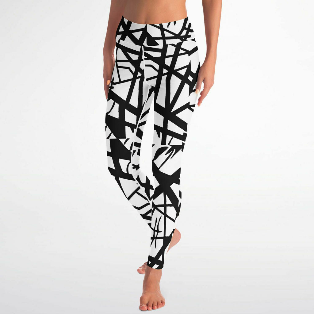 Women's Black White 80s Glam Hair Band Rock Themed High-Waisted Yoga Leggings