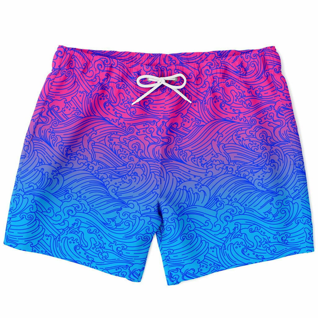 Men's Pink Blue Faded Gradient Japanese Wave Art Swimsuit Shorts Swim Trunks