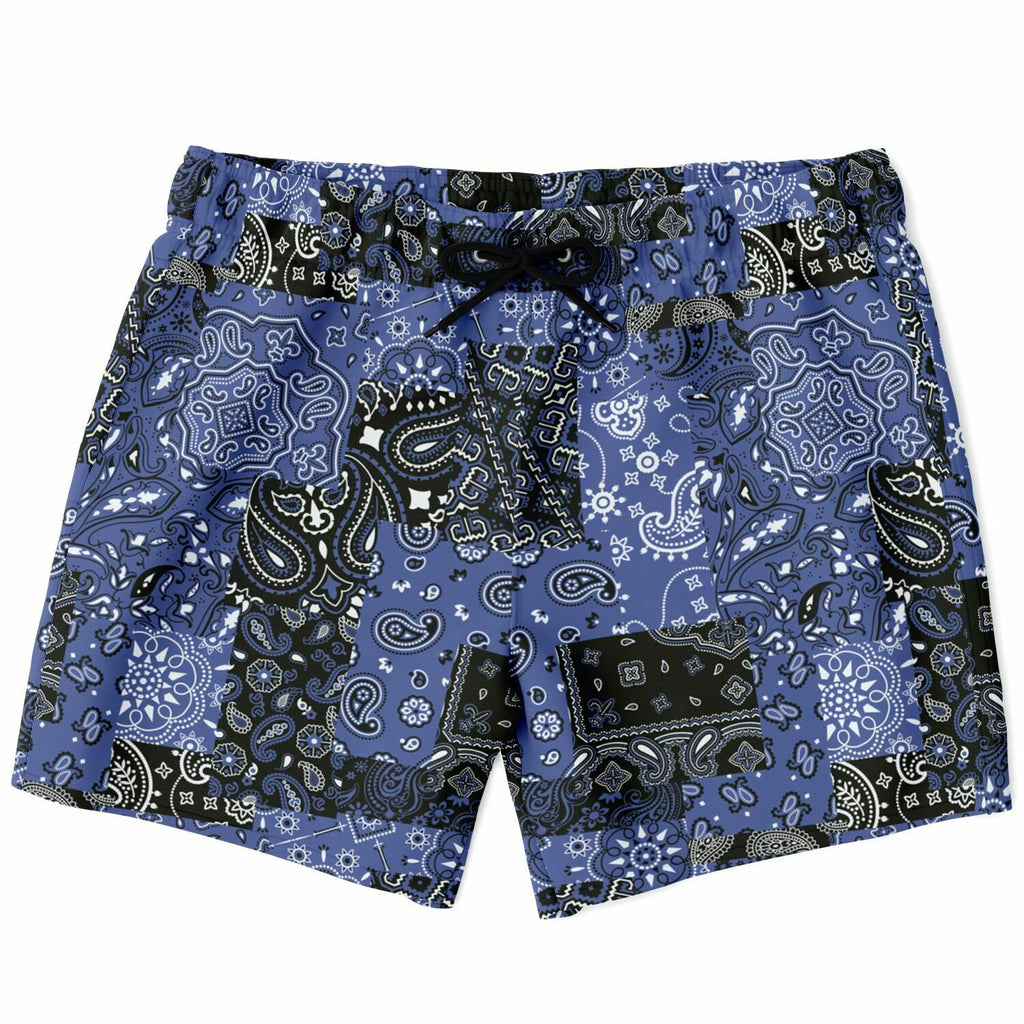 Men's Blue Paisley Patchwork Swimsuit Shorts Swim Trunks
