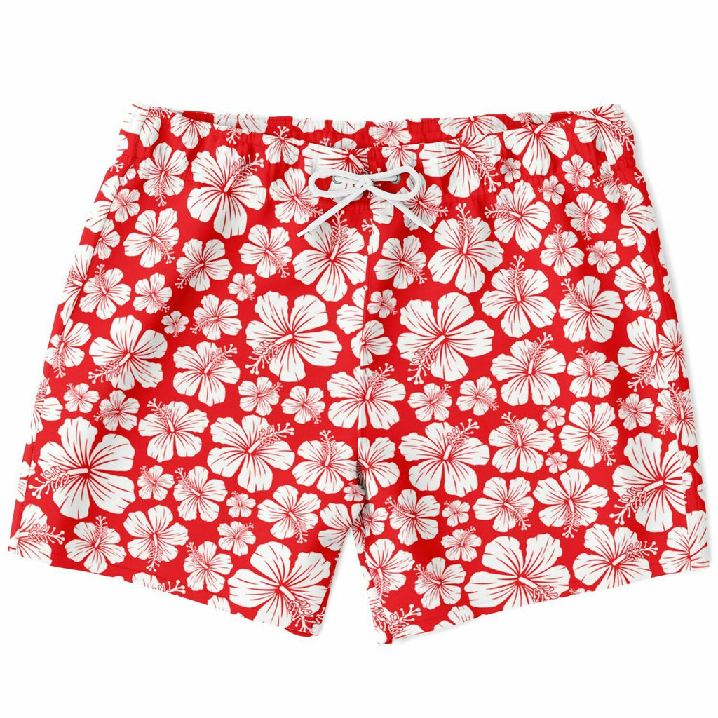 Men's Classic Red Tropical Hawaiian Hibiscus Flowers Swimsuit Shorts Swim Trunks