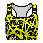 Women's Black Yellow 80s Glam Hair Band Rock Themed Athletic Racerback Sports Bra