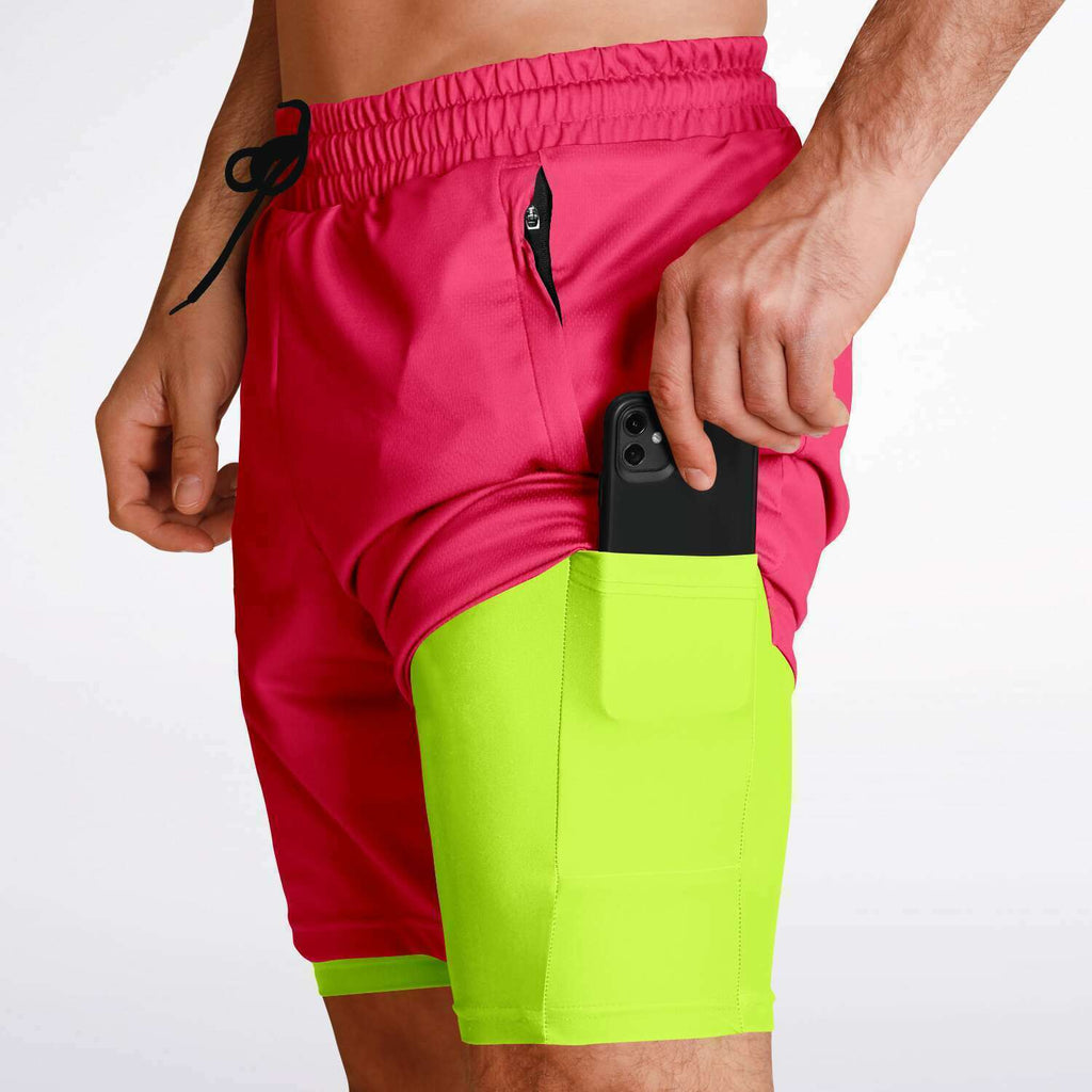Men's Solid Watermelon Pink Lemon Lime Green 2-in-1 Performance Gym Shorts
