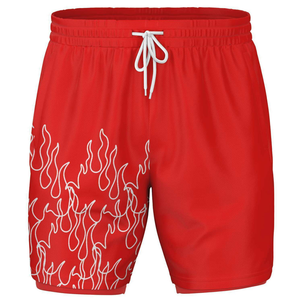 Men's 2-in-1 Red White Pinstripe Fire Flames Gym Shorts