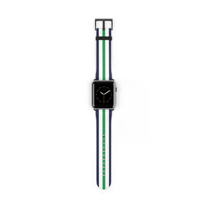 Classic Navy Blue White Green Military Omega Nato Stripe Faux Leather Apple Watch Wrist Band