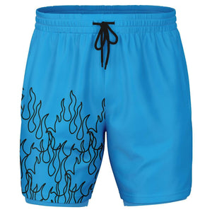 Men's 2-in-1 Blue Black Fire Flames Pinstripe Line Art Gym Shorts