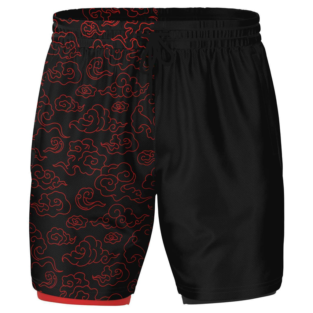 Men's 2-in-1 Red Sky Pinstripe Outline Anime Cartoon Clouds Gym Shorts