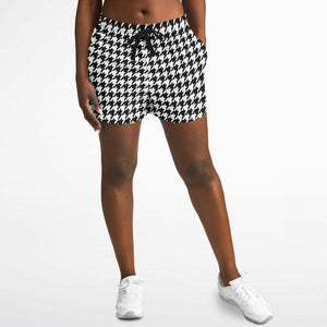 Women's Black White Houndstooth Plaid Pattern Athletic Running Shorts