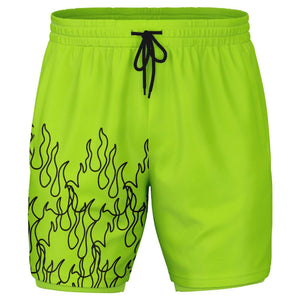 Men's 2-in-1 French Lime Green Black Fire Flames Pinstripe Gym Shorts