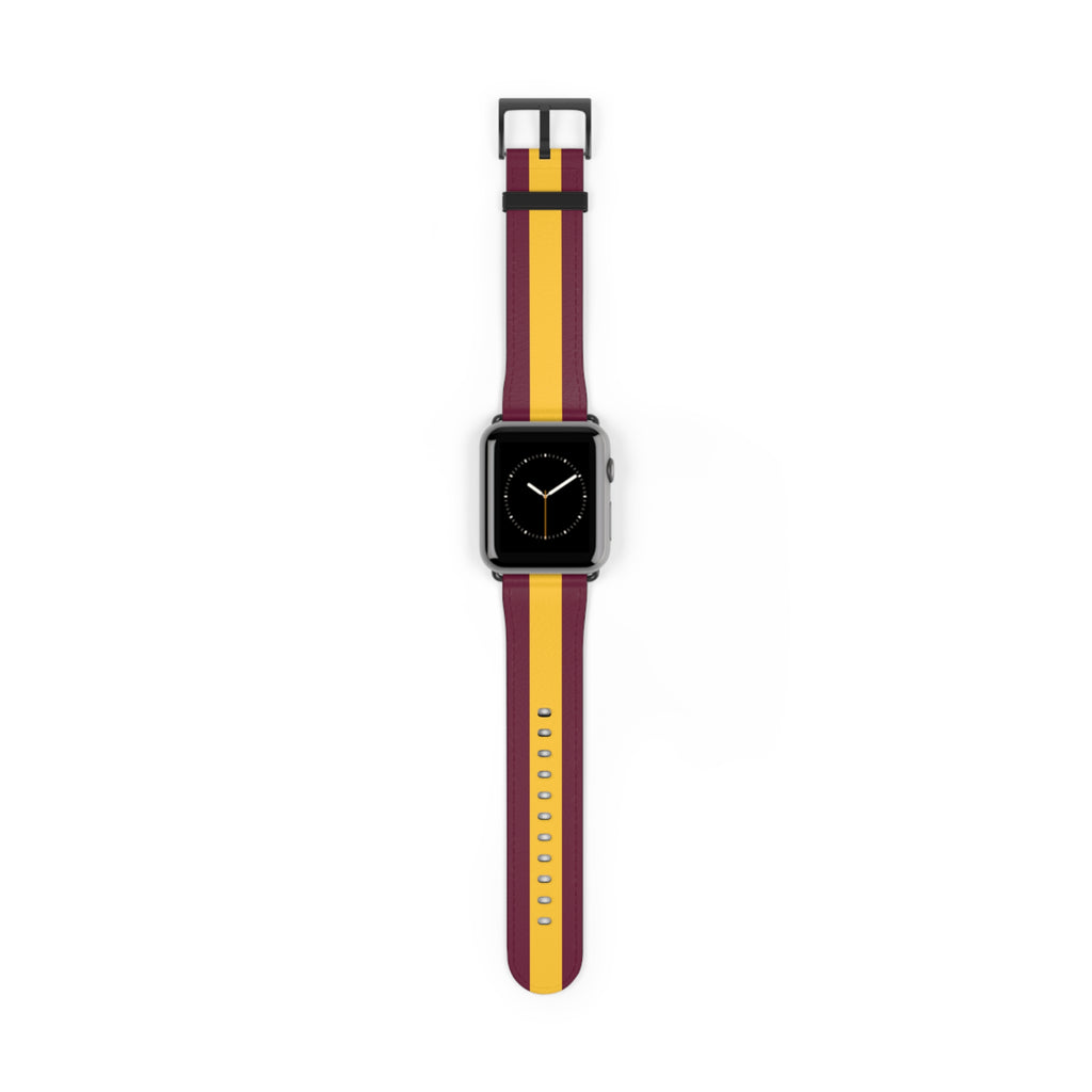 School Spirit Varsity Sports Game Day Dark Maroon Yellow Stripes Apple Watch Wrist Band