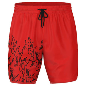 Men's 2-in-1 Red Black Fire Flames Pinstripe Line Art Gym Shorts
