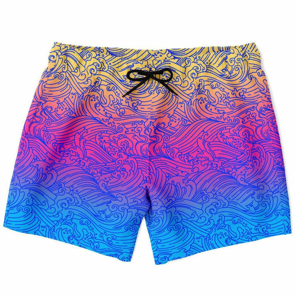 Men's Yellow Pink Blue Faded Gradient Japanese Wave Art Swimsuit Shorts Swim Trunks