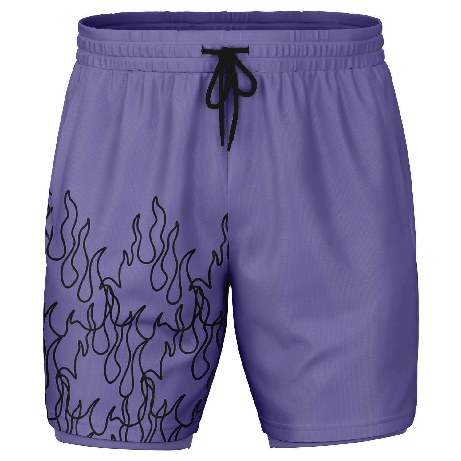 Men's 2-in-1 Purple Lavender Black Fire Flames Pinstripe Line Art Gym Shorts