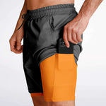 Men's 2-in-1 Gun Metal Grey Orange Performance Gym Shorts