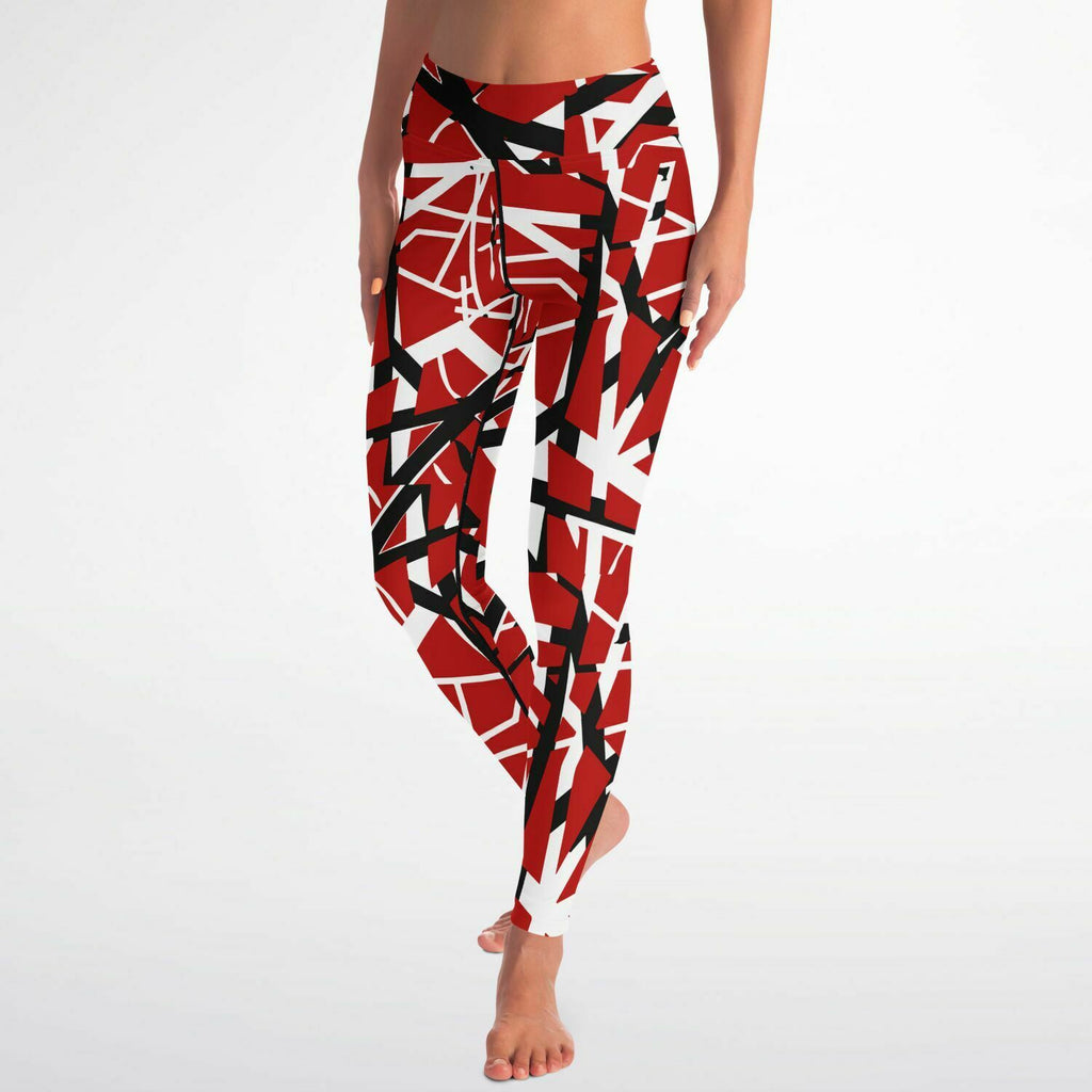 Women's Red 80s Glam Hair Band Rock Themed High-Waisted Yoga Leggings