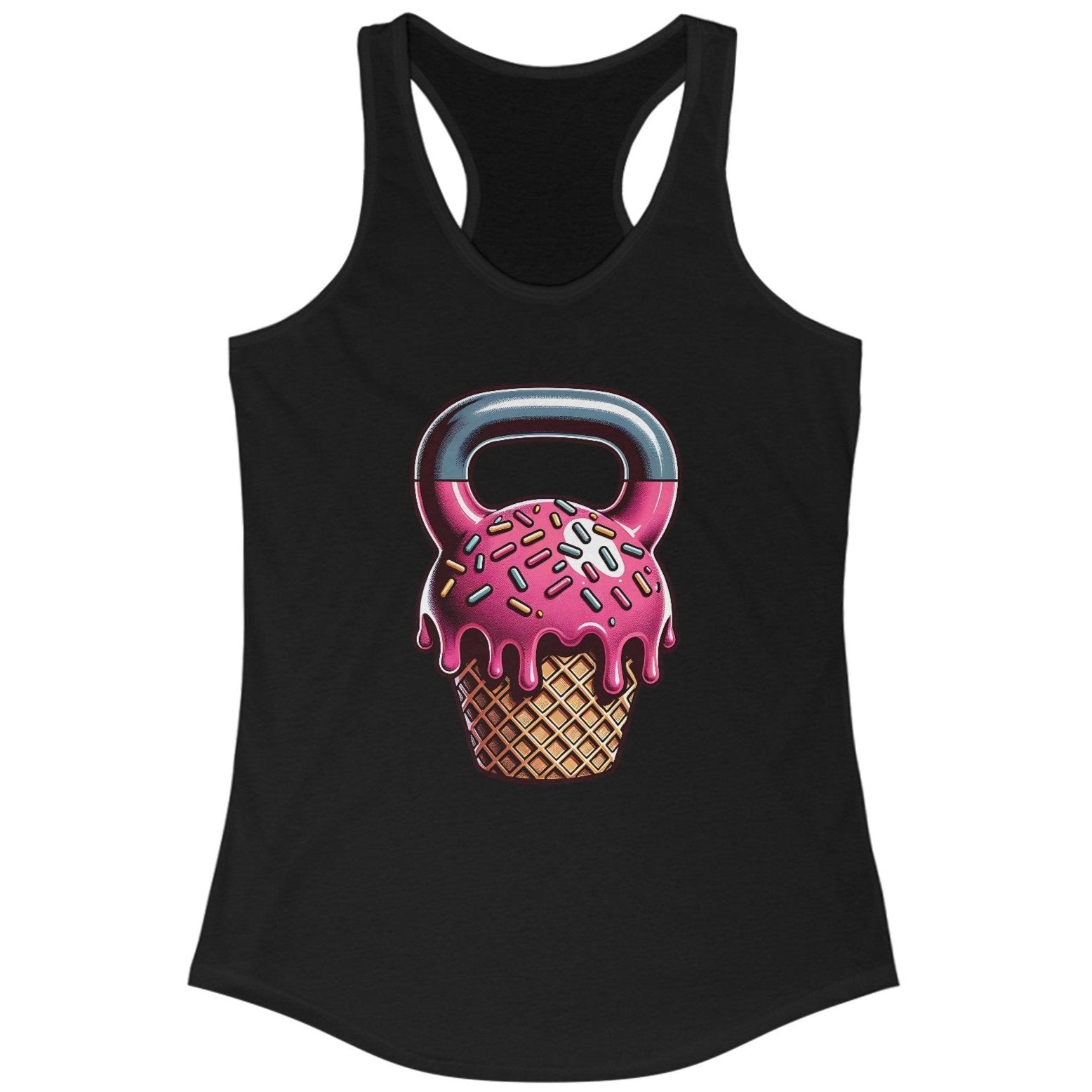 Women's Pink Strawberry Flavor Ice Cream Cone Kettlebell Racerback Tank Top