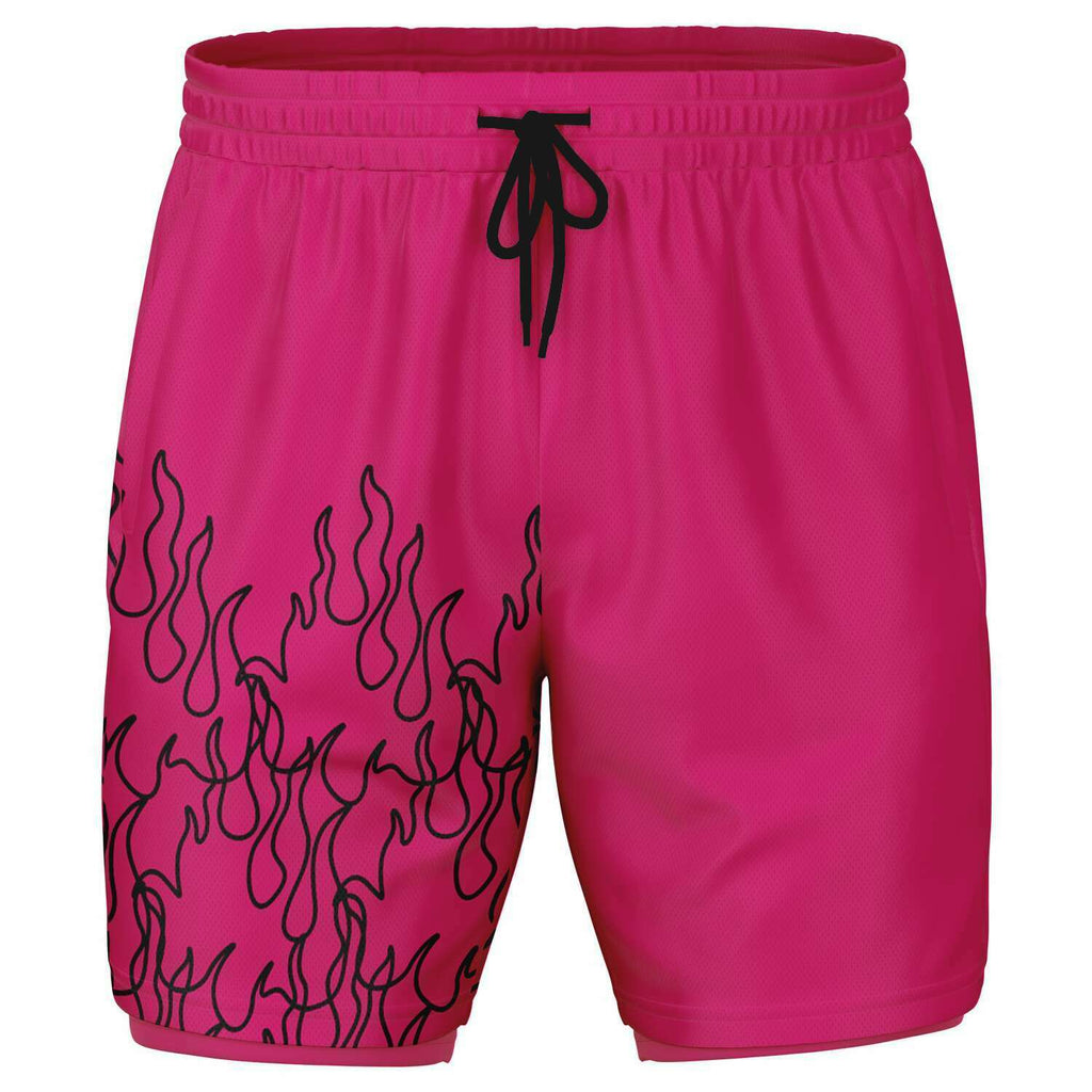 Men's 2-in-1 Pink Black Fire Flames Pinstripe Line Art Gym Shorts