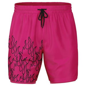 Men's 2-in-1 Pink Black Fire Flames Pinstripe Line Art Gym Shorts