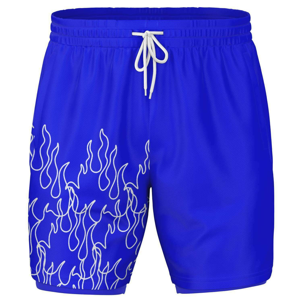 Men's 2-in-1 Blue White Pinstripe Fire Flames Gym Shorts