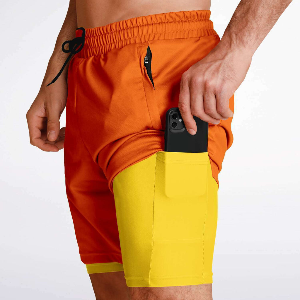 Men's 2-in-1 Orange Yellow Performance Gym Shorts
