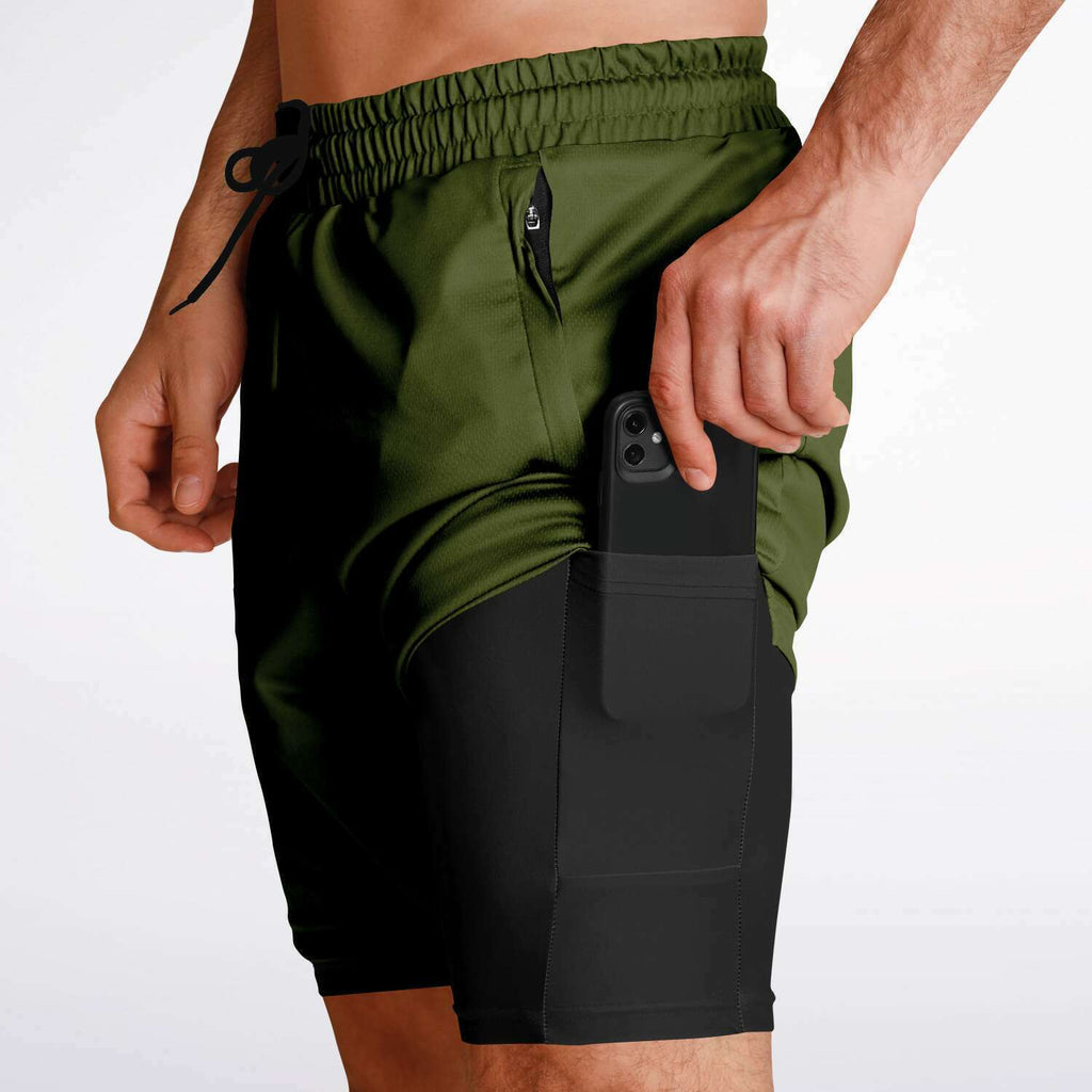Men's 2-in-1 Olive Green Army Performance Shorts