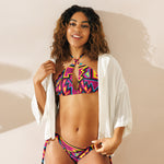 Women's Ultimate Pink Blue Yellow Neon Aztec Tribal Warrior Print Pattern Two-Piece String Bikini Swimsuit Set