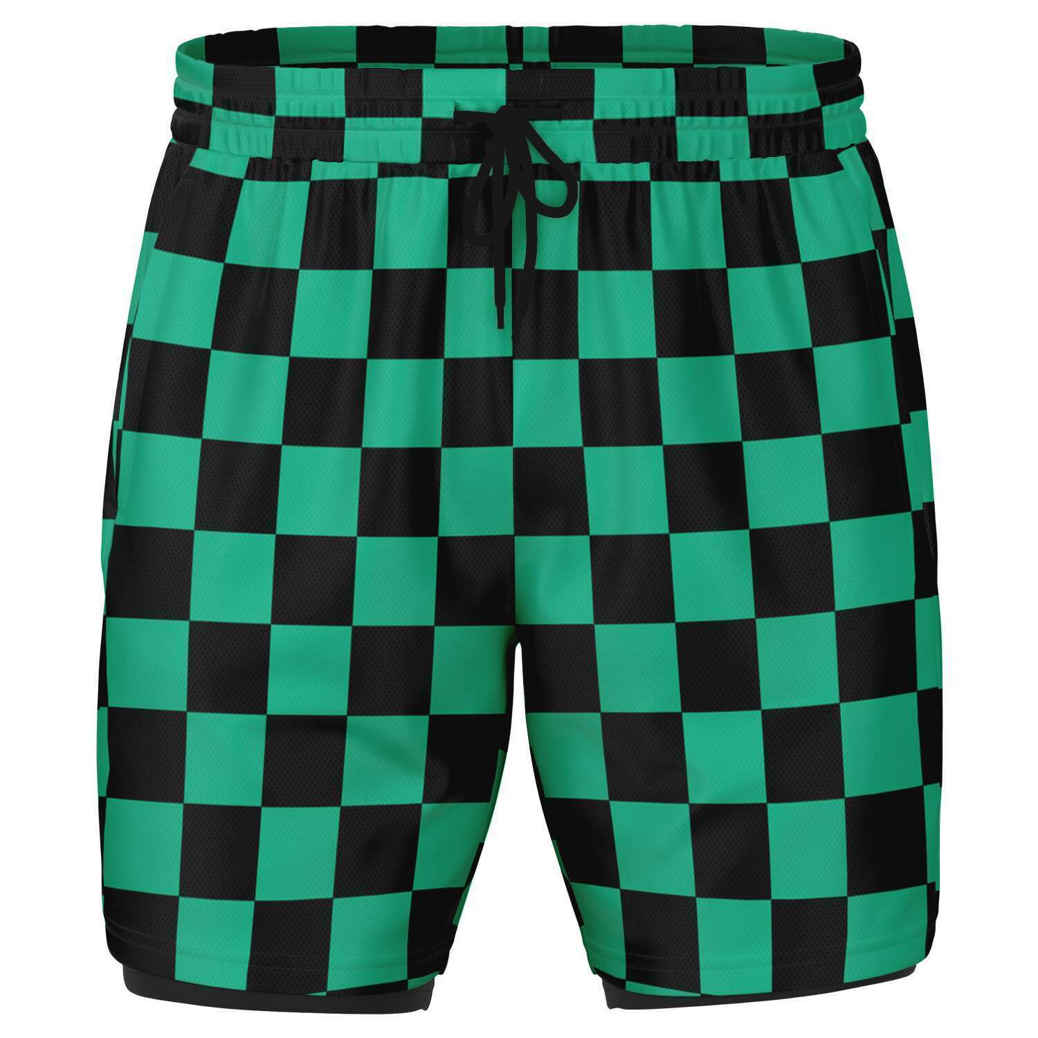 Men's Tanjiro Kamado Green Black Checkered 2-in-1 Performance Anime Gym Shorts