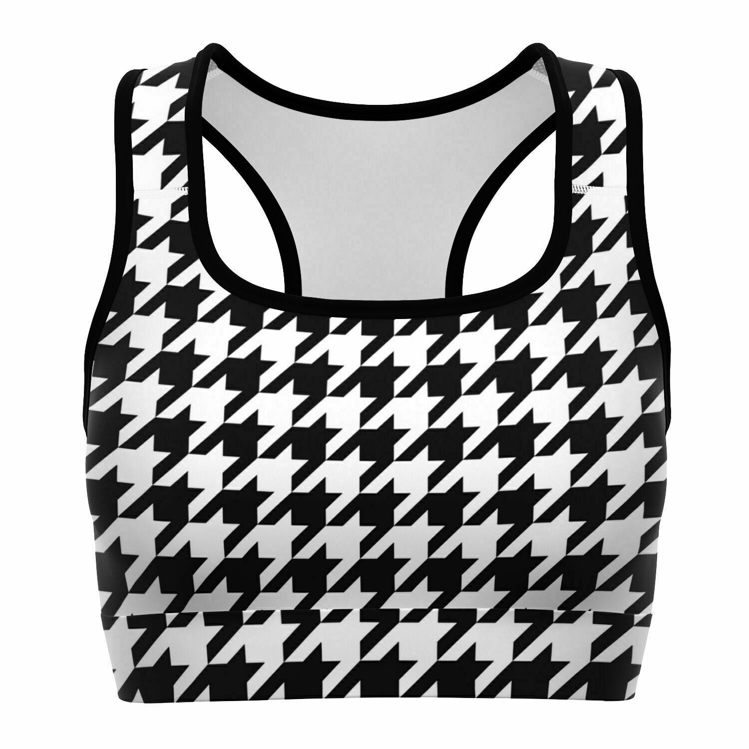 Women's Black White Houndstooth Plaid Pattern Sports Bra