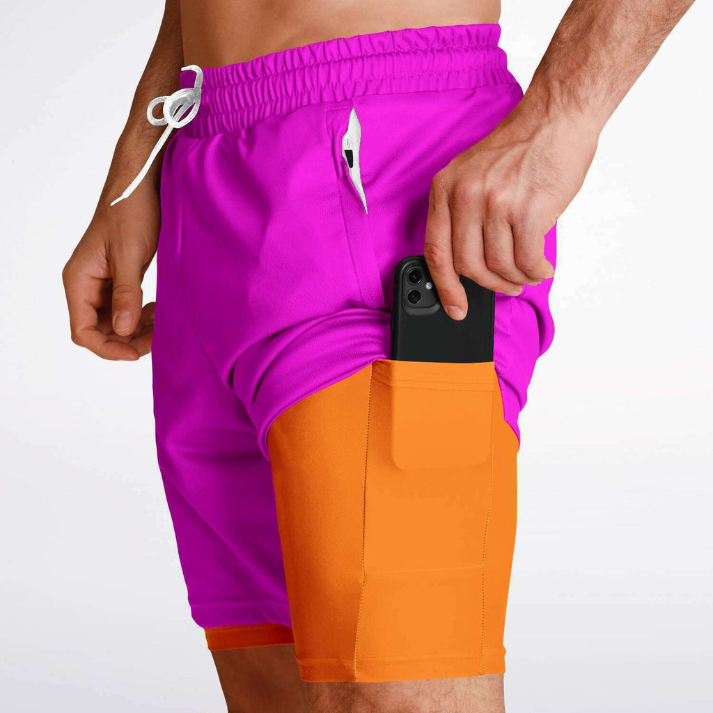 Men's 2-in-1 Pink Orange Performance Gym Shorts 