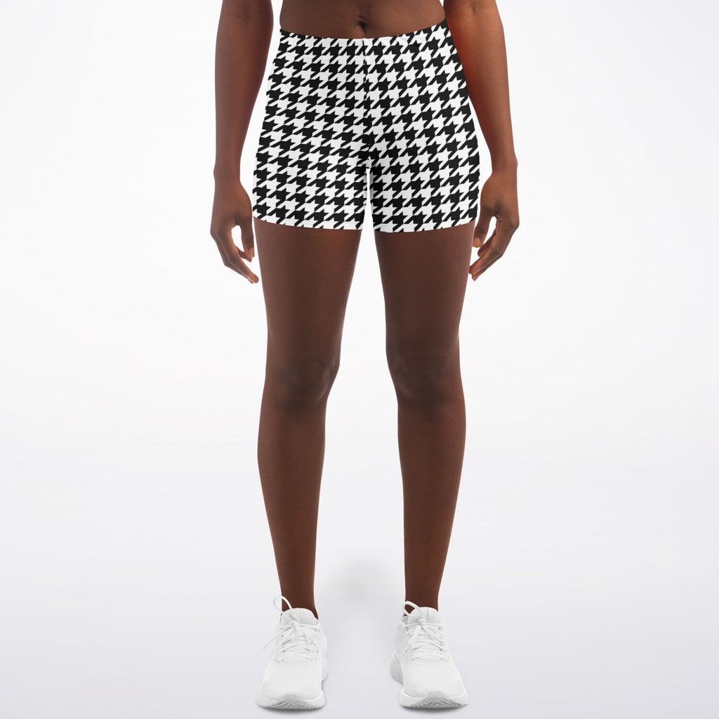 Women's Black White Houndstooth Plaid Pattern Athletic Booty Shorts