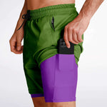 Men's 2-in-1 Army Olive Monster Green Purple Performance Gym Shorts
