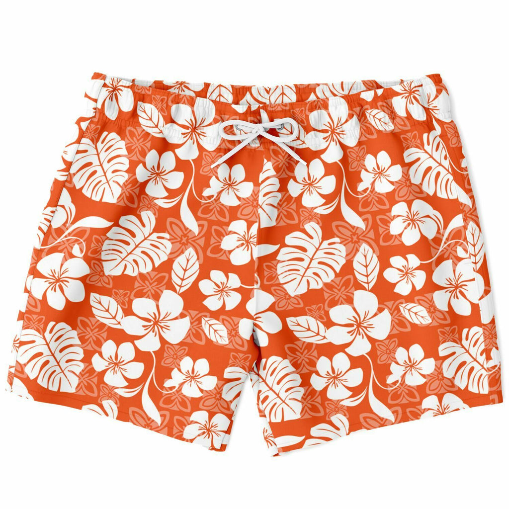Men's Vintage Orange Hawaii Palm Leaves Hibiscus Flowers Pattern Swimsuit Short Swim Trunks