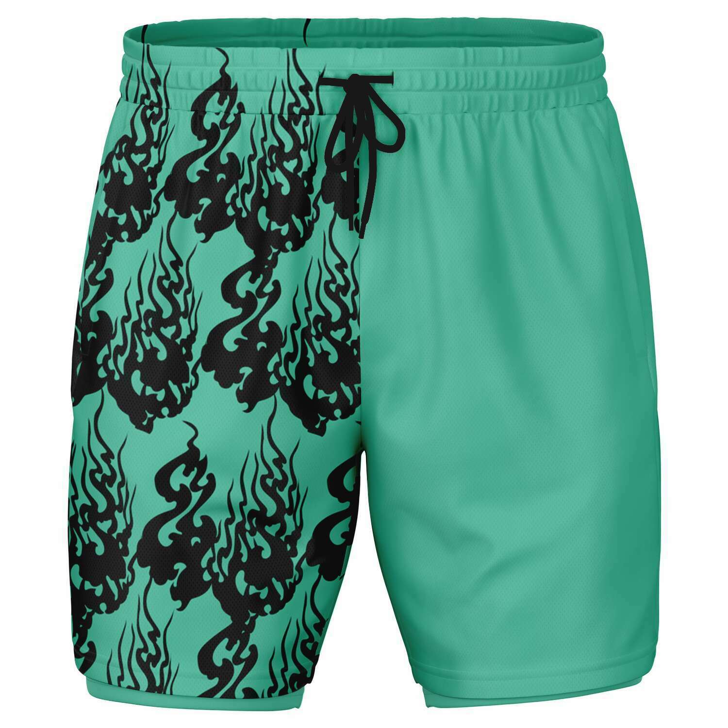 Men's Black Seafoam Green Phantom Ghost Anime Fire 2-in-1 Performance Gym Shorts