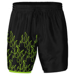 Men's 2-in-1 French Lime Green Fire Flames Pinstripe Gym Shorts