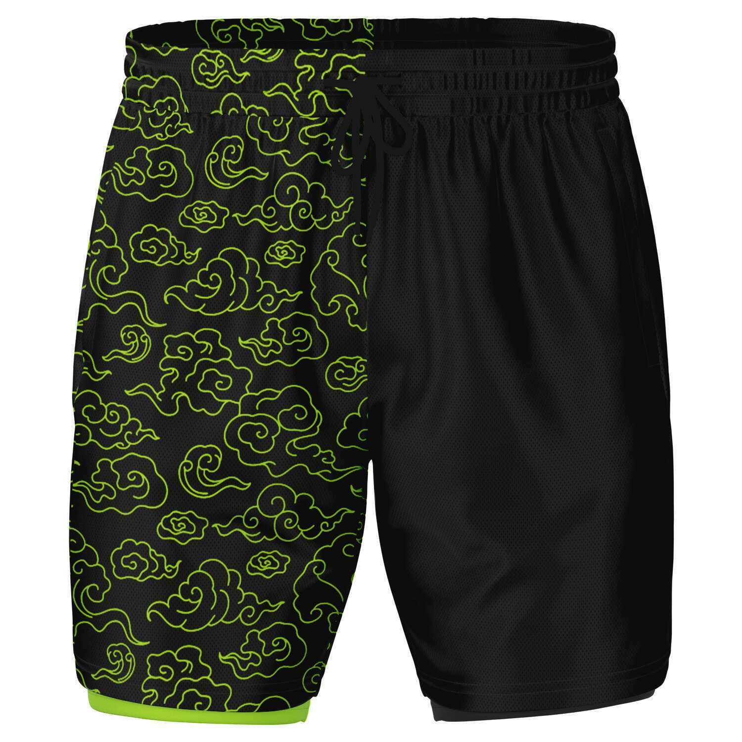 Men's 2-in-1 Lime Highlighter Green Anime Cartoon Clouds Gym Shorts