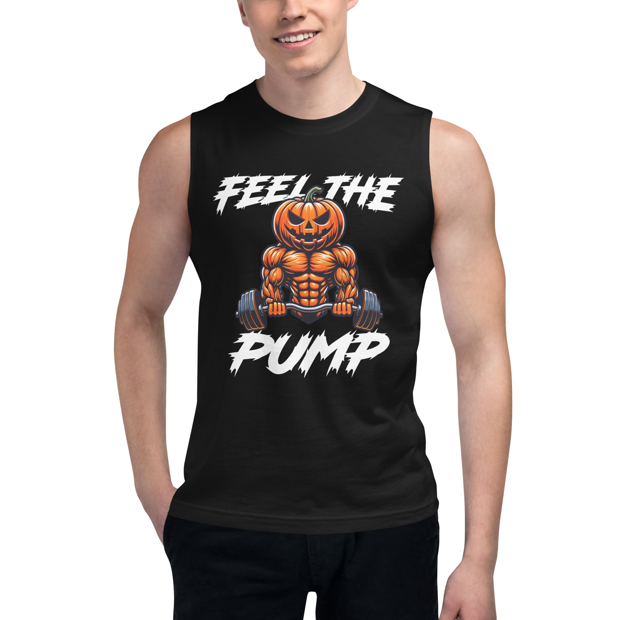 Men's Feel The Pump Halloween Jack-O-Lantern Pumpkin Muscle T-Shirt