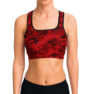 Women's All Red Camouflage Athletic Sports Bra Model Front
