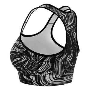Women's Black Grey Marble Swirl Athletic Sports Bra Left