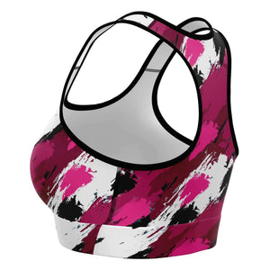 Women's Black Pink Brush Camouflage Athletic Sports Bra Left