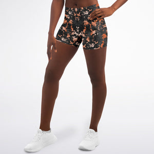 Women's Mid-rise Black Orange Gilded Marble Athletic Booty Shorts