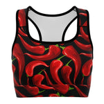 Women's Hot Red Spicy Chili Peppers Athletic Sports Bra