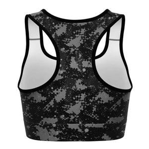 Women's Black Grey Digital Camouflage Athletic Sports Bra Back