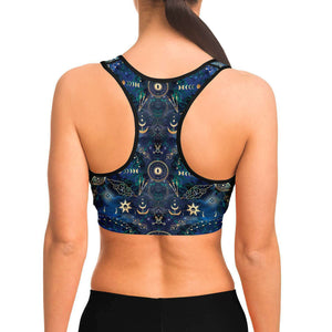 Women's Mystic Blue Astrological Tarot Athletic Sports Bra Model Back