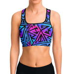 Women's Pink Blue Tribal Graffiti Athletic Sports Bra Model Front