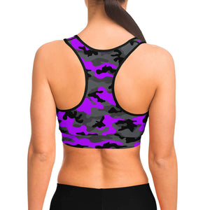 Women's Black Purple Camouflage Athletic Sports Bra Model Back