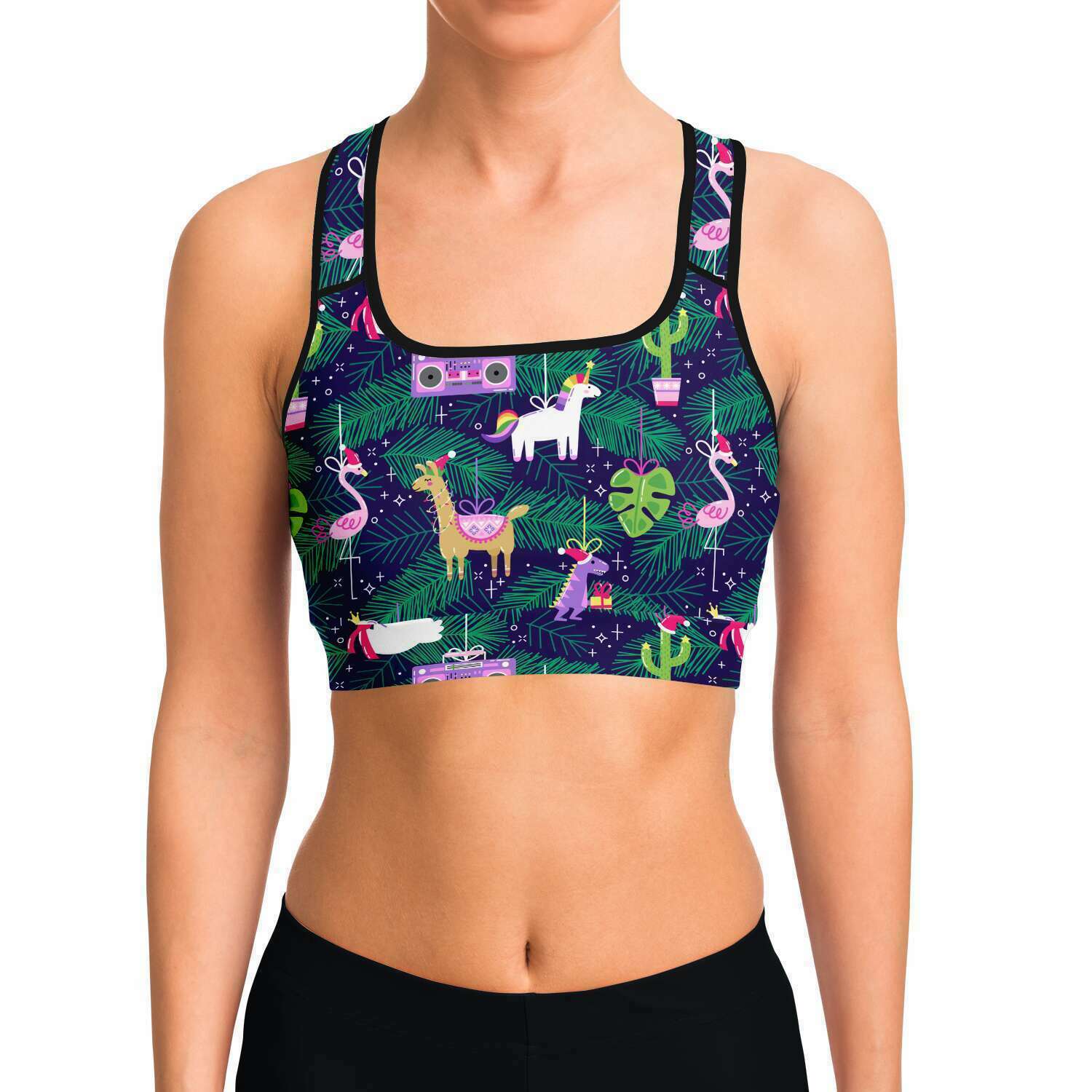 Women's Christmas In July Party Animals Athletic Sports Bra Model Front