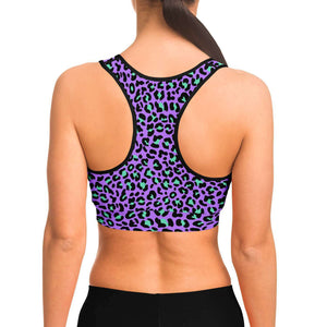 Women's Purple Wild Leopard Cheetah Print Athletic Sports Bra Model Back